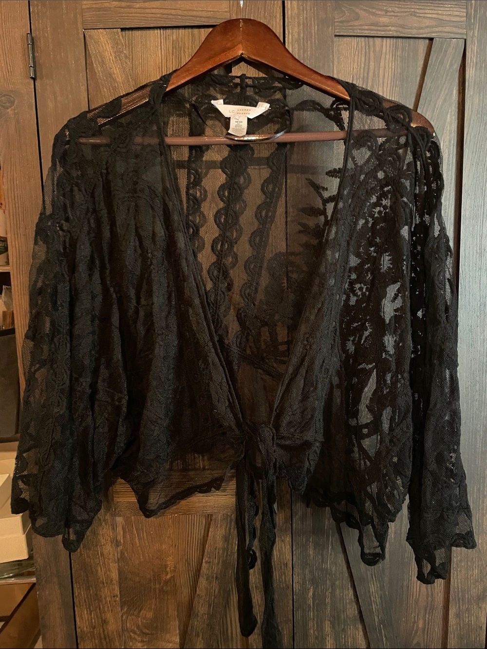 LC Lauren Conrad Black Sheer Lace Tie-Front Top